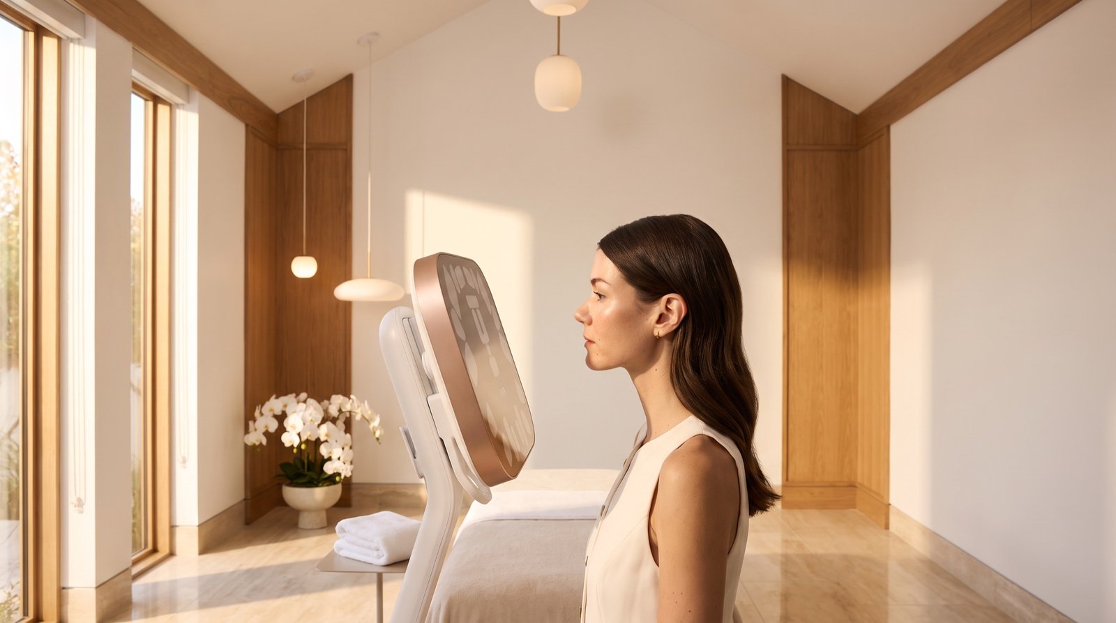 A woman during a 3D facial skin analysis in a bright, modern med spa treatment room